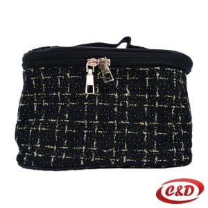 crni kozmetički neseser sa zlatnim detaljima i dva pretinca dimenzija 20 × 15 × 12 cm