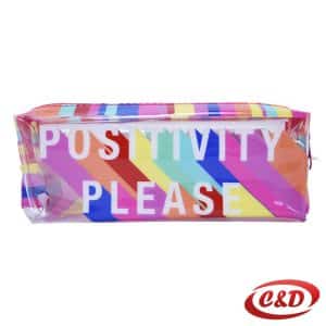 prozirna pernica s bijelim natpisom Positivity Please i šarenim detaljima dimenzija 20 × 9 × 5 cm