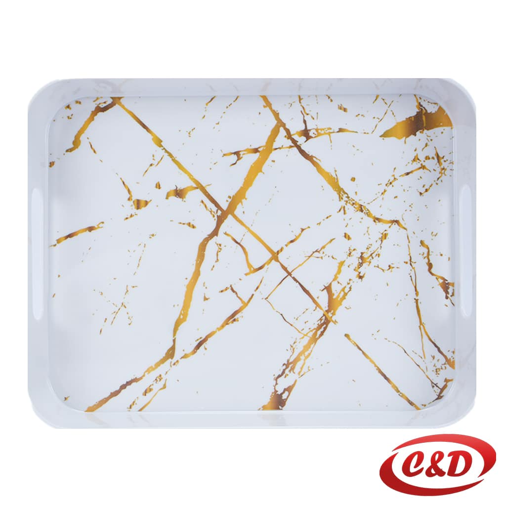 bijela plastična tacna sa zlatnim detaljima dimenzija 32 × 25 × 4 cm