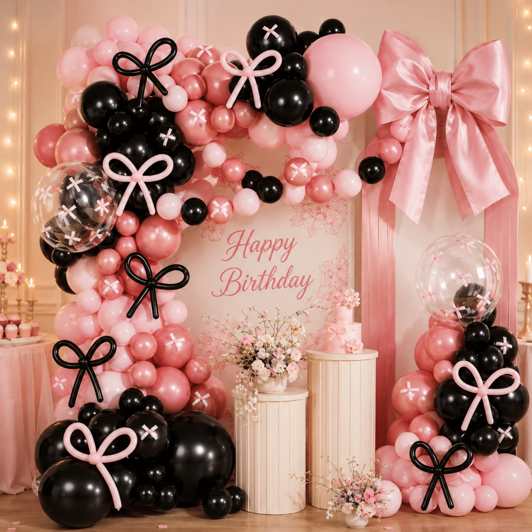 Rozo-crni balon luk HZi-A33 s prozirnim balonima i 10 roza mašni, set 80/1