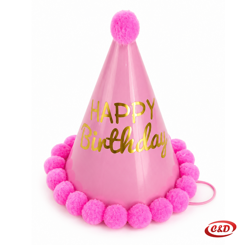 Roza papirna party kapica sa zlatnim natpisom Happy Birthday, visine 18 cm i promjera 12 cm