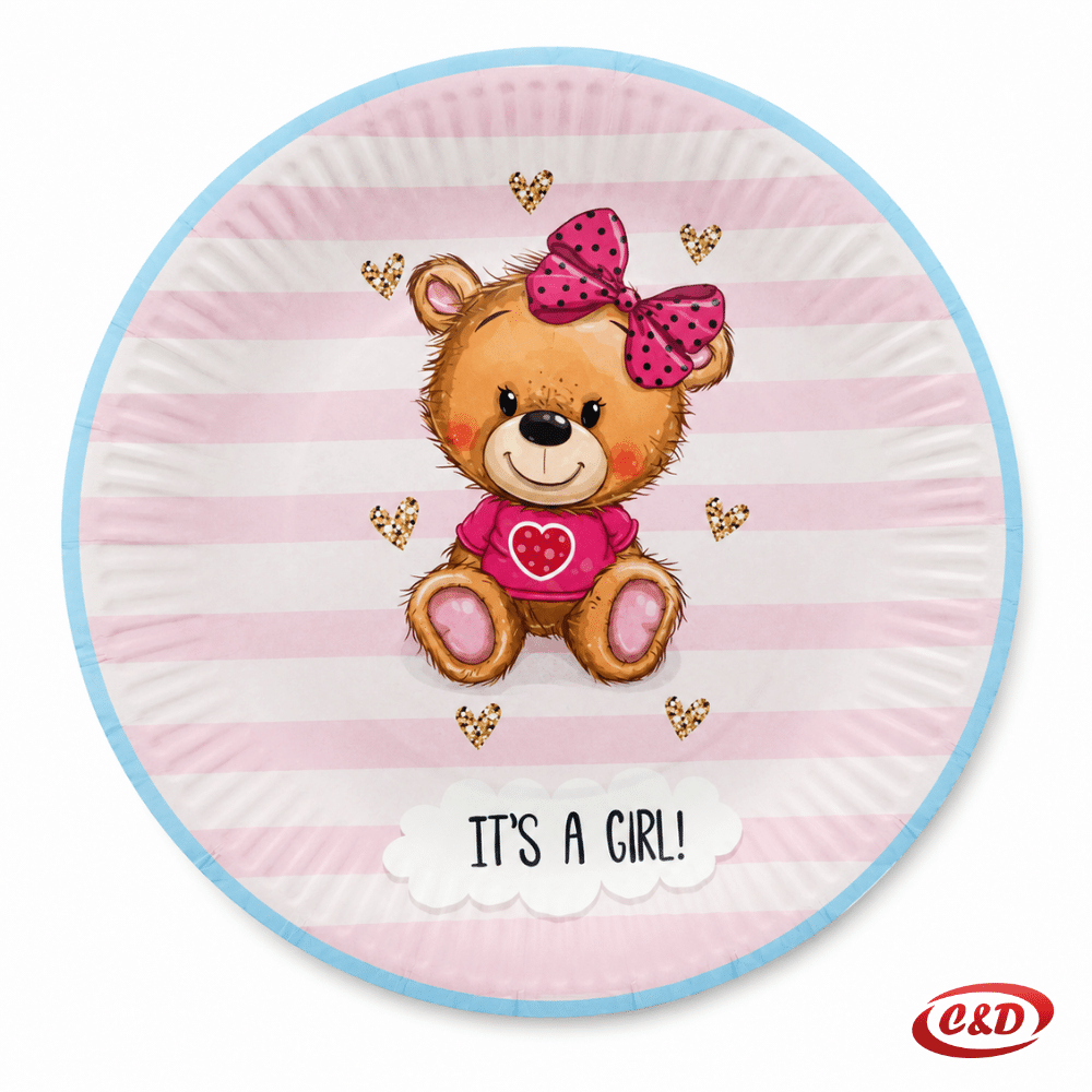 Rozi papirni party tanjurići s medom i natpisom It’s a Girl!, promjera 18 cm, set 10/1