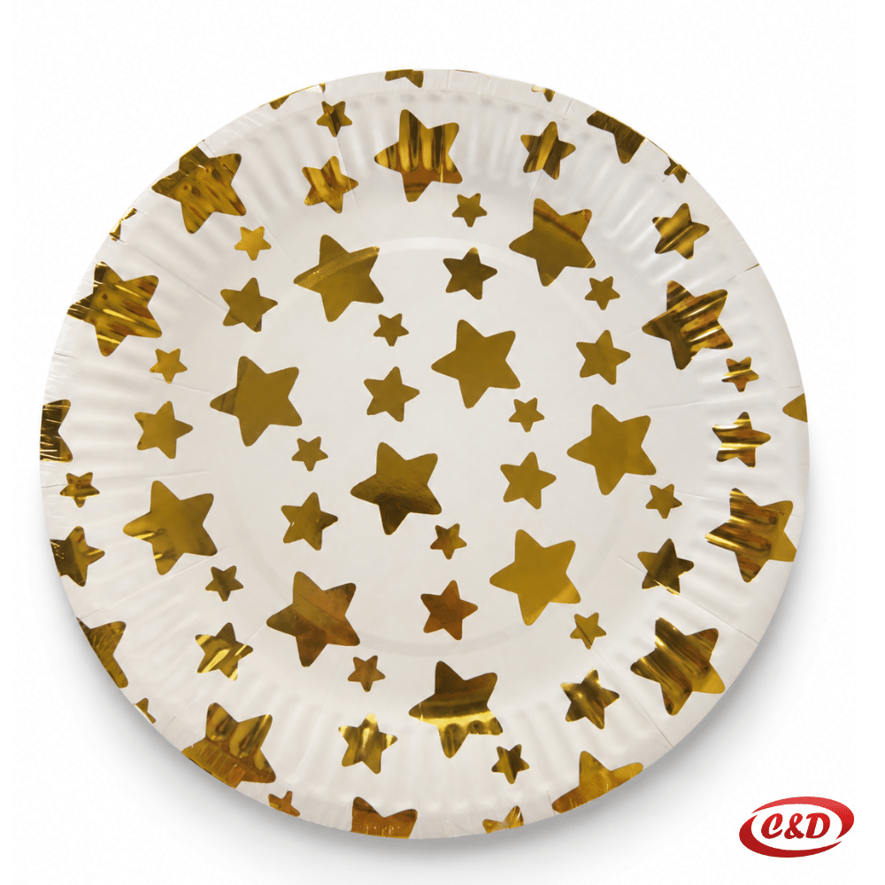 Bijeli party tanjurići sa zlatnim zvjezdicama promjera 18 cm, set 10/1