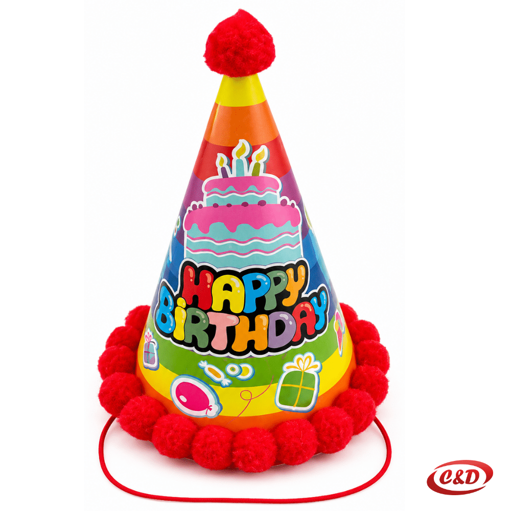 Crvena papirna party kapica sa šarenim natpisom Happy Birthday, visine 18 cm i promjera 12 cm