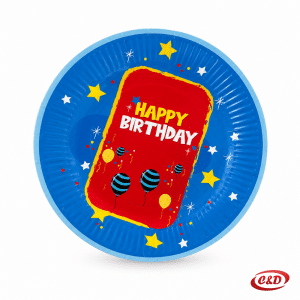 Plavi papirni party tanjurići Happy Birthday s crvenim detaljima i žutim zvjezdicama, promjera 18 cm, set 10/1