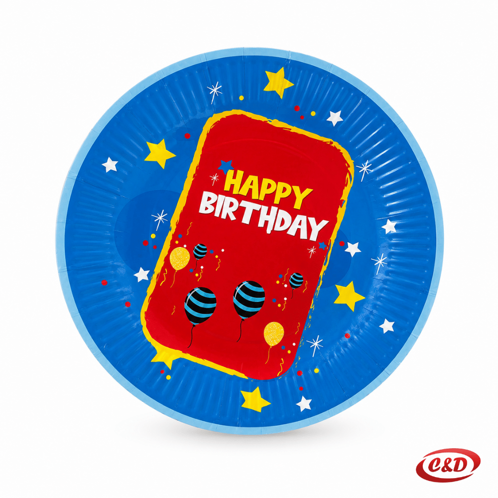 Plavi papirni party tanjurići Happy Birthday s crvenim detaljima i žutim zvjezdicama, promjera 18 cm, set 10/1