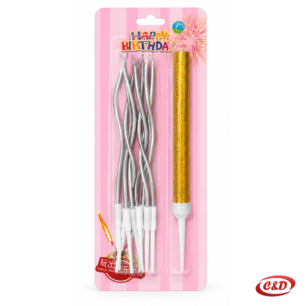 Srebrne valovite svijeće visine 16 cm sa zlatnom prskalicom i šljokicama, set 8/1