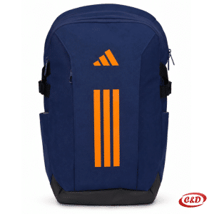Adidas ruksak tamno plave i crne boje s narančastim Adidas znakom, tri pregrade i pet patentnih zatvarača