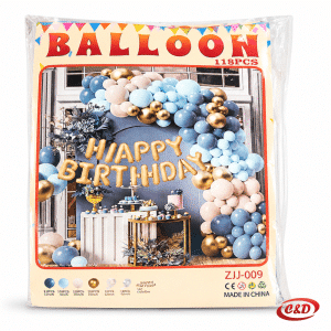 Balon luk Happy Birthday ZJJ-009 s plavim, bijelim i zlatnim lateks balonima te zlatnim folijskim natpisom