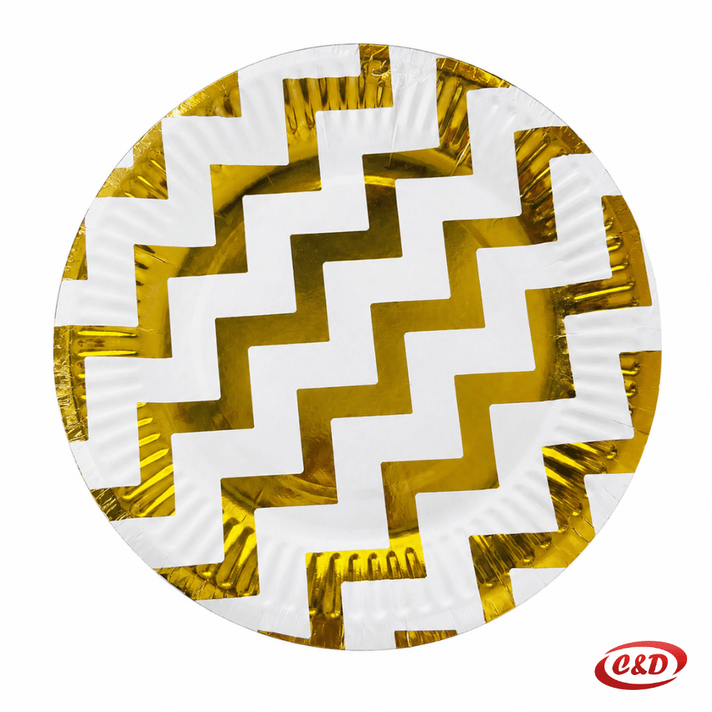 Bijeli papirni party tanjurići sa zlatnim detaljima promjera 18 cm, set 10/1