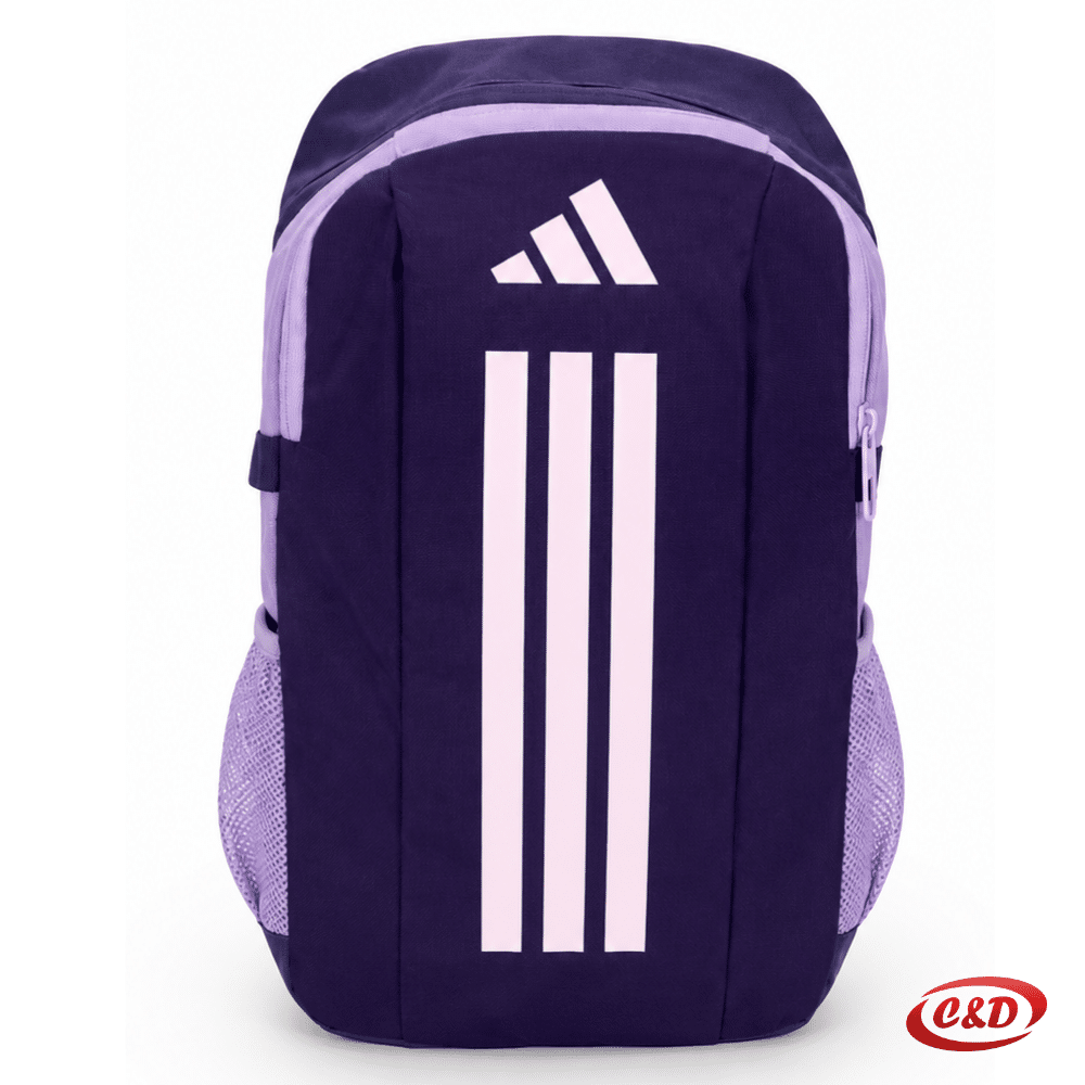ljubičasti Adidas ruksak od poliestera s dvije pregrade i rozim Adidas znakom