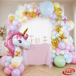 balon luk Unicorn AFS289 s pastelnim latex balonima, velikim folijskim Unicorn balonom, zvijezdama i prozirnim balonima sa zlatnim konfetama