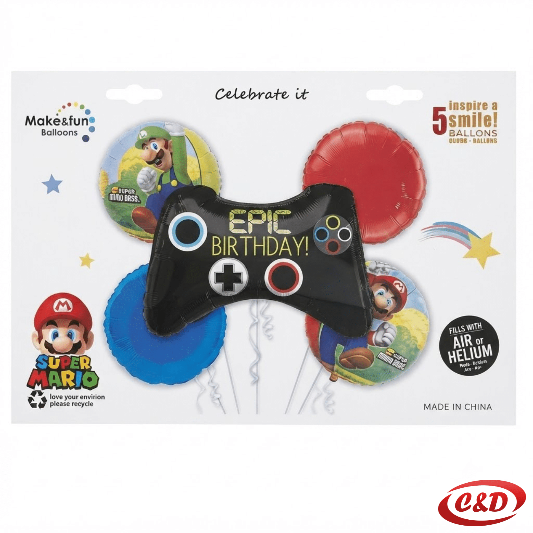 Balon set Super Mario s 4 okrugla folija balona od 40 cm i crnim džojstikom od 50 cm