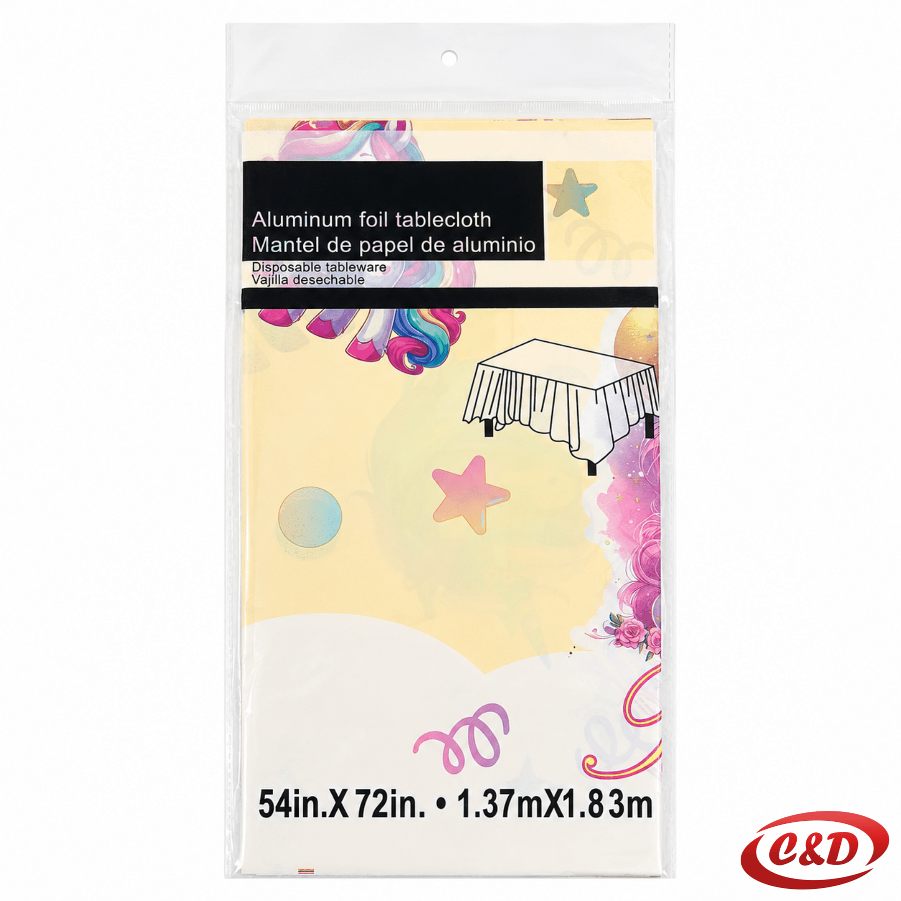 folijski Unicorn Party stolnjak u narančastoj, rozoj i bijeloj boji dimenzija 137 × 183 cm