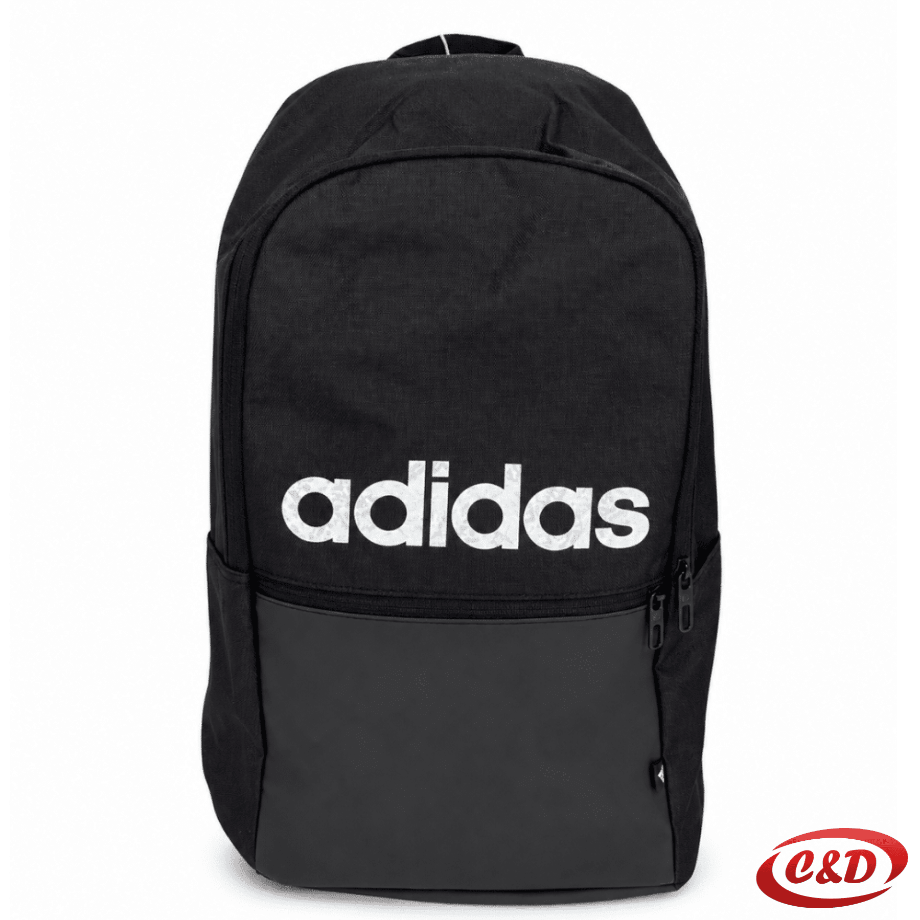 crni ruksak s bijelim Adidas natpisom od poliestera s jednom pregradom i dva bočna džepa