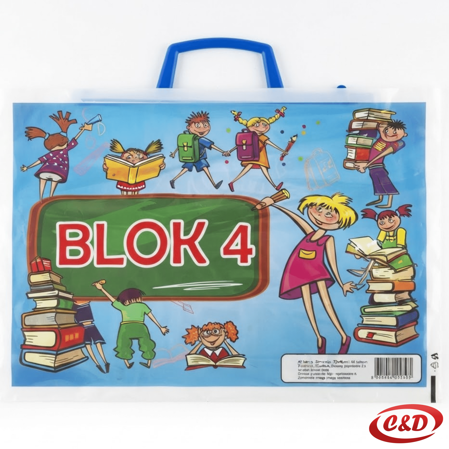 Bijela PVC vrećica za blok 4 s motivom djece u školi, morskih životinja, patentnim zatvaračem i ručkama