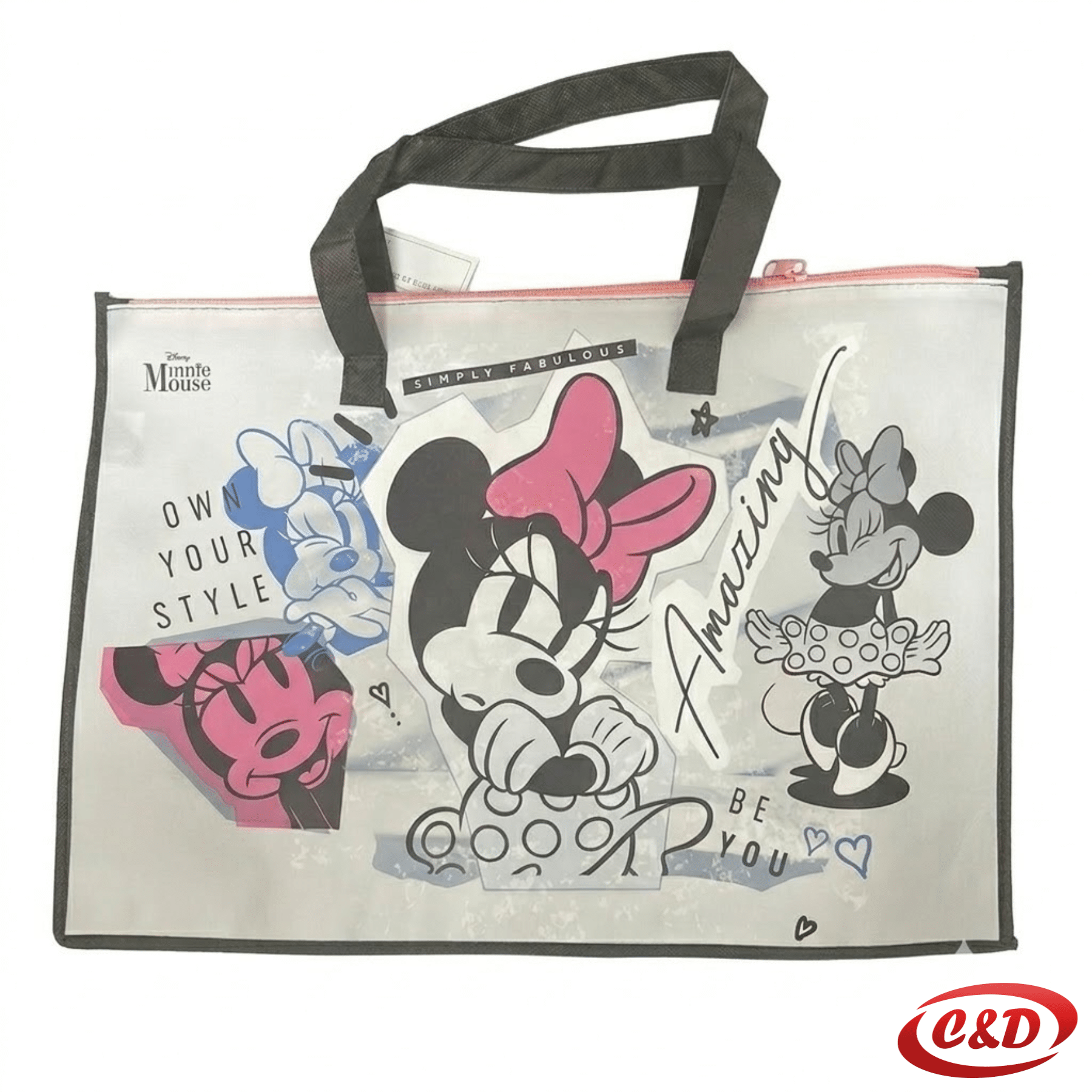 Rozo-sivo-crna poliesterska vrećica za blok 5 s motivom Minnie Mouse dimenzija 47 × 33 cm