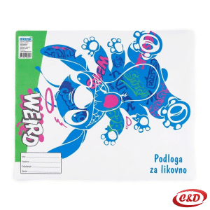 Bijelo-plava PVC podloga za likovno s motivom Stitch i poljem za upis imena, dimenzija 49 × 40 cm