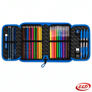 Connect puna plavo-crna pernica s jednim zipom, motivom džojstika, 12 bojica, 12 flomastera i školskim priborom