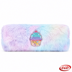 plišana pernica plave i ljubičaste boje s muffin stikerom dimenzija 22 × 12 × 10 cm