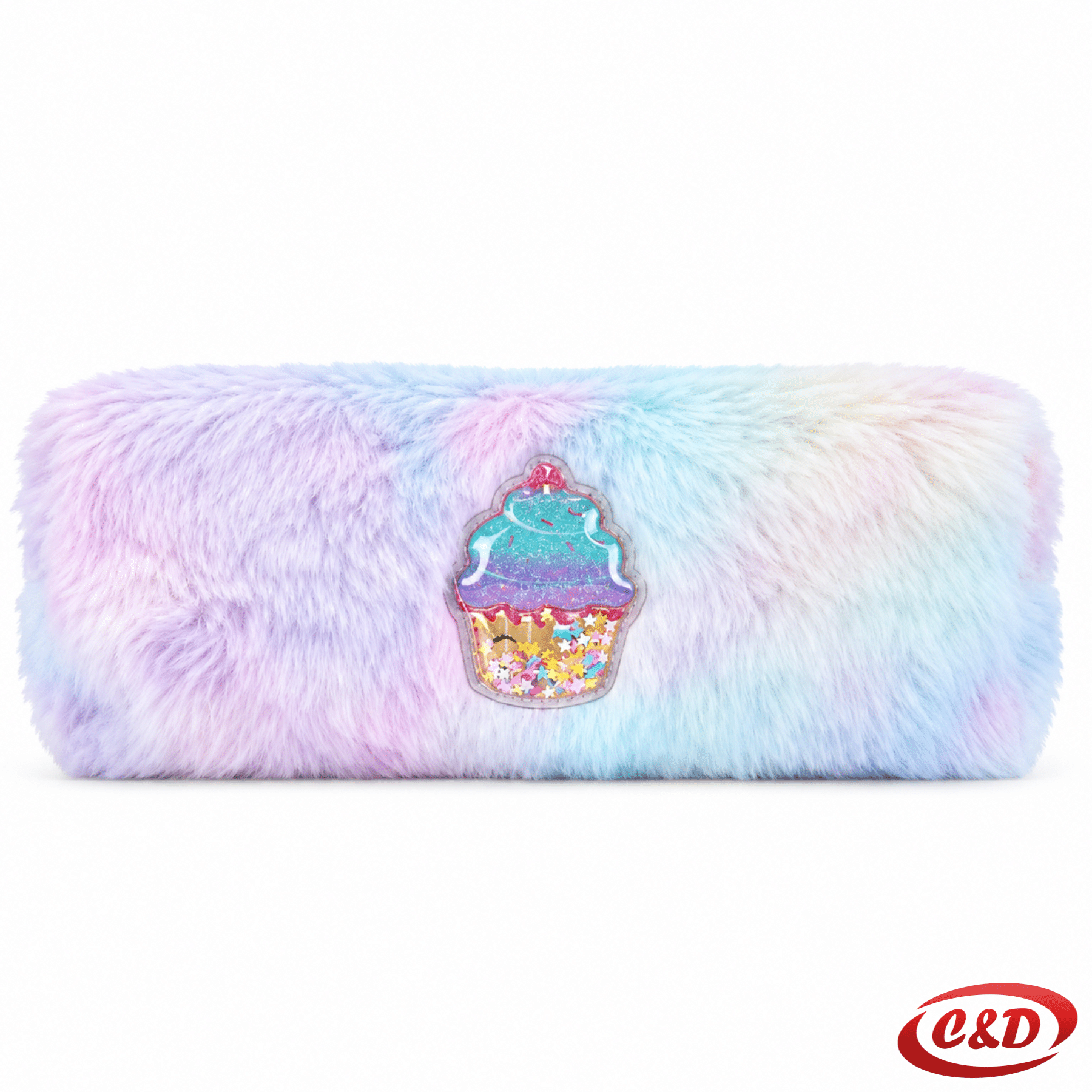plišana pernica plave i ljubičaste boje s muffin stikerom dimenzija 22 × 12 × 10 cm