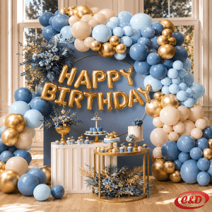 Balon luk Happy Birthday ZJJ-009 s plavim, bijelim i zlatnim lateks balonima te zlatnim folijskim natpisom