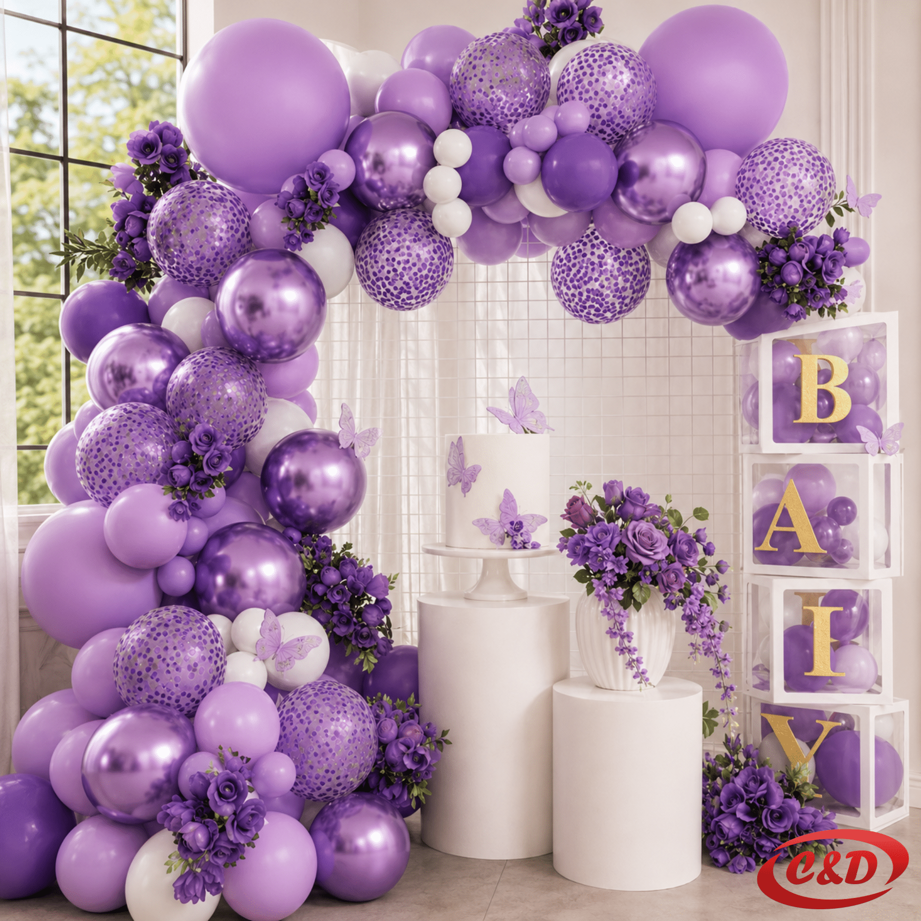 Ljubičasto-rozi balon luk AFS004 s bijelim balonima i prozirnim balonima s ljubičastim konfetama