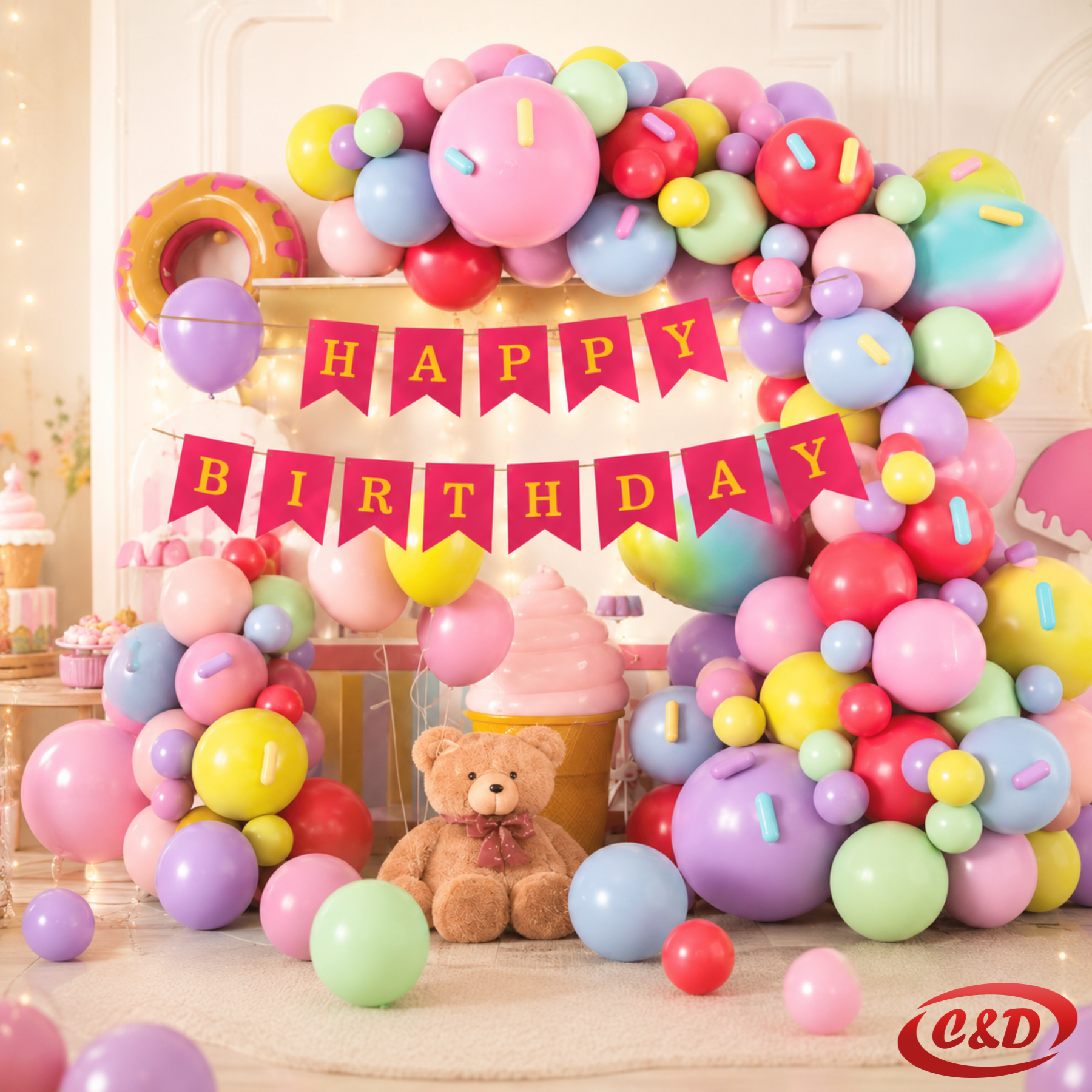 Višebojni balon luk QQL-041 s Happy Birthday natpisom i šarenim lateks balonima