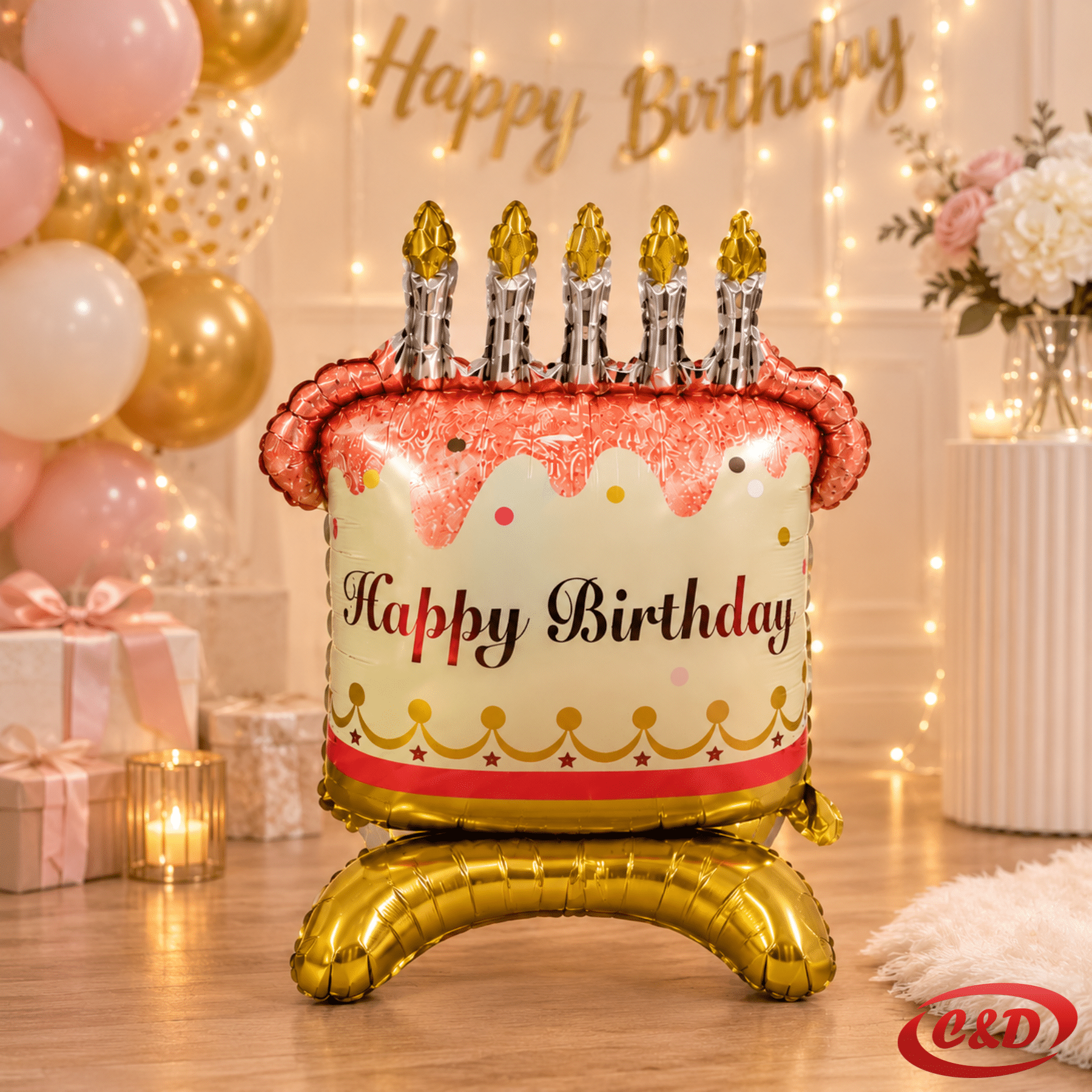Folija balon Torta s natpisom Happy Birthday, zlatne, roze i srebrne boje, dimenzija 85 × 43 cm