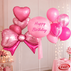 Rozi party set s folija balonom Mašna, 12 balona, trakom i resama, ukupno 14 dijelova
