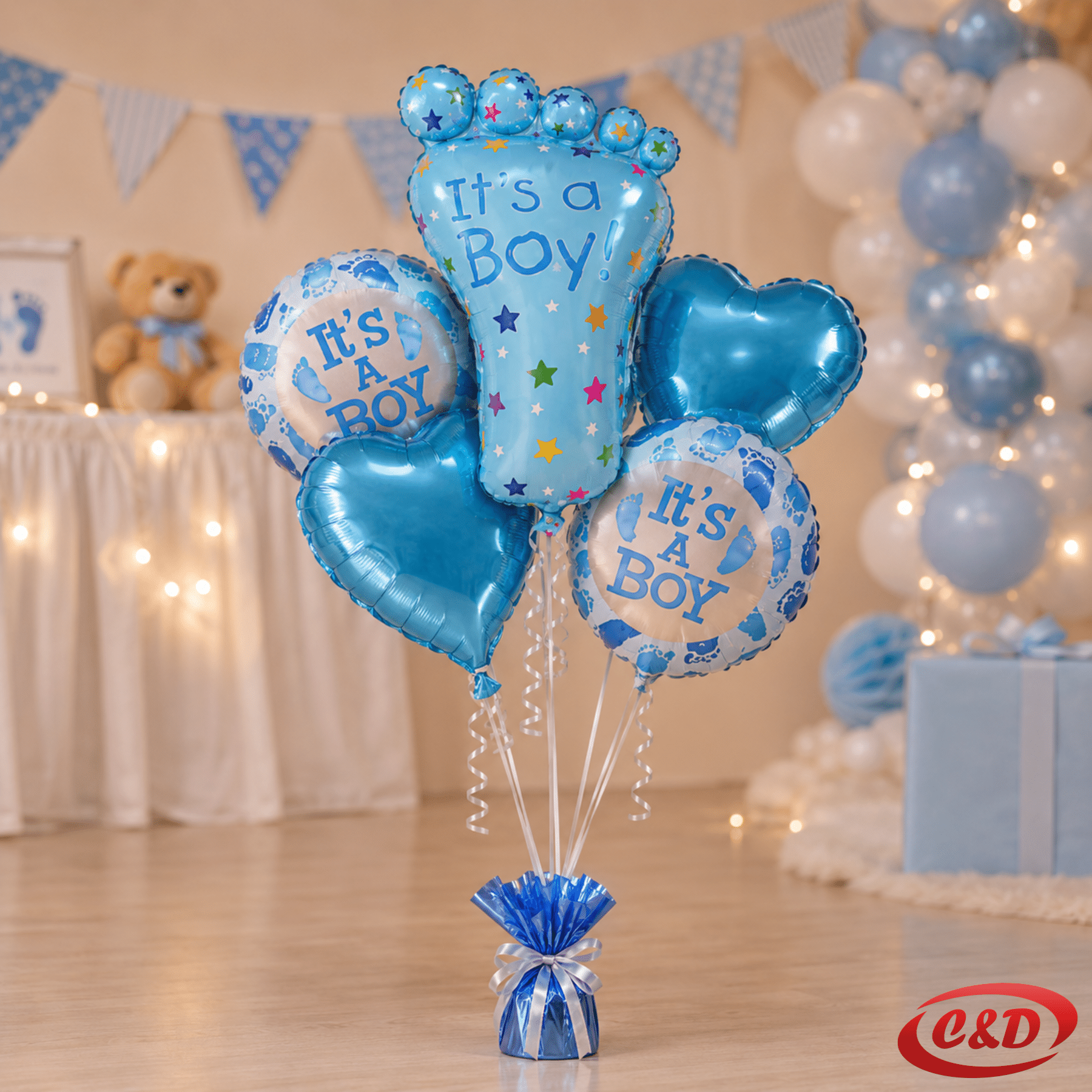 It’s a Boy set od 5 plavih folija balona sa srcima od 25 cm, okruglim balonima i stopalom od 45 cm