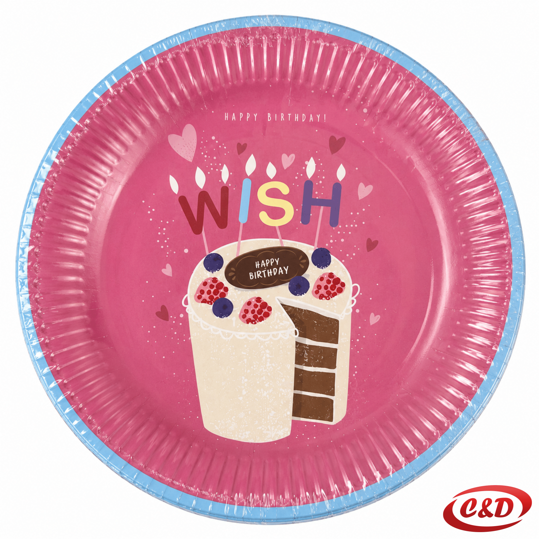 Rozi papirni party tanjurići Happy Birthday s motivom bijele torte i rozim srcima, promjera 18 cm, set 10/1