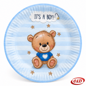 Plavi papirni party tanjurići s medvjedićem i natpisom It’s a Boy, promjera 18 cm, set 10/1