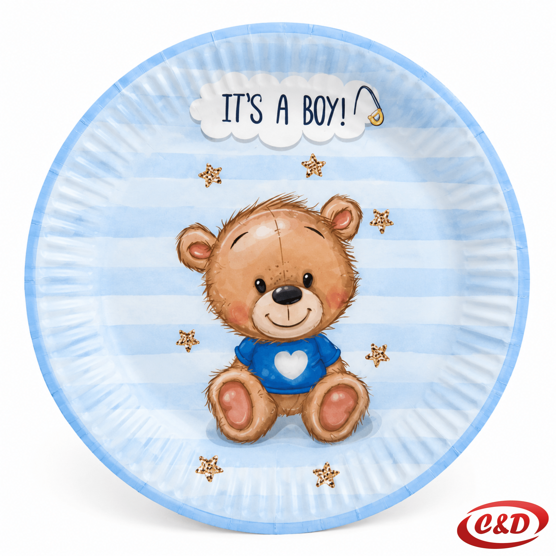 Plavi papirni party tanjurići s medvjedićem i natpisom It’s a Boy, promjera 18 cm, set 10/1
