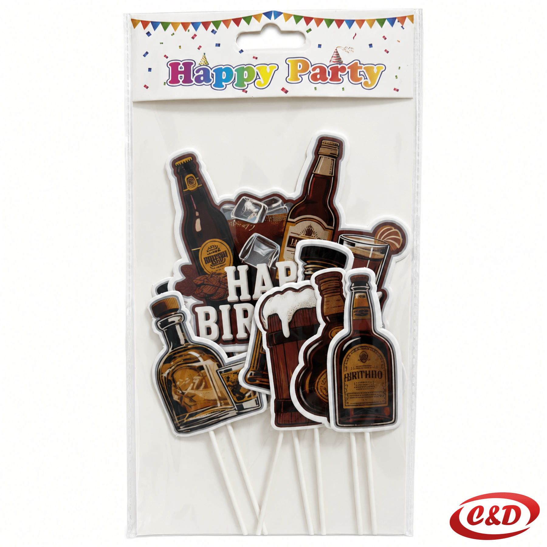 Toperi za tortu Piće smeđe boje, set 7/1, s glavnim topperom Happy Birthday visine 20 cm