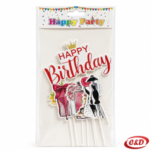 Papirni toperi za tortu Happy Birthday s motivima žena, novca i štikli, crvene i roze boje, visine 18 cm i 12 cm