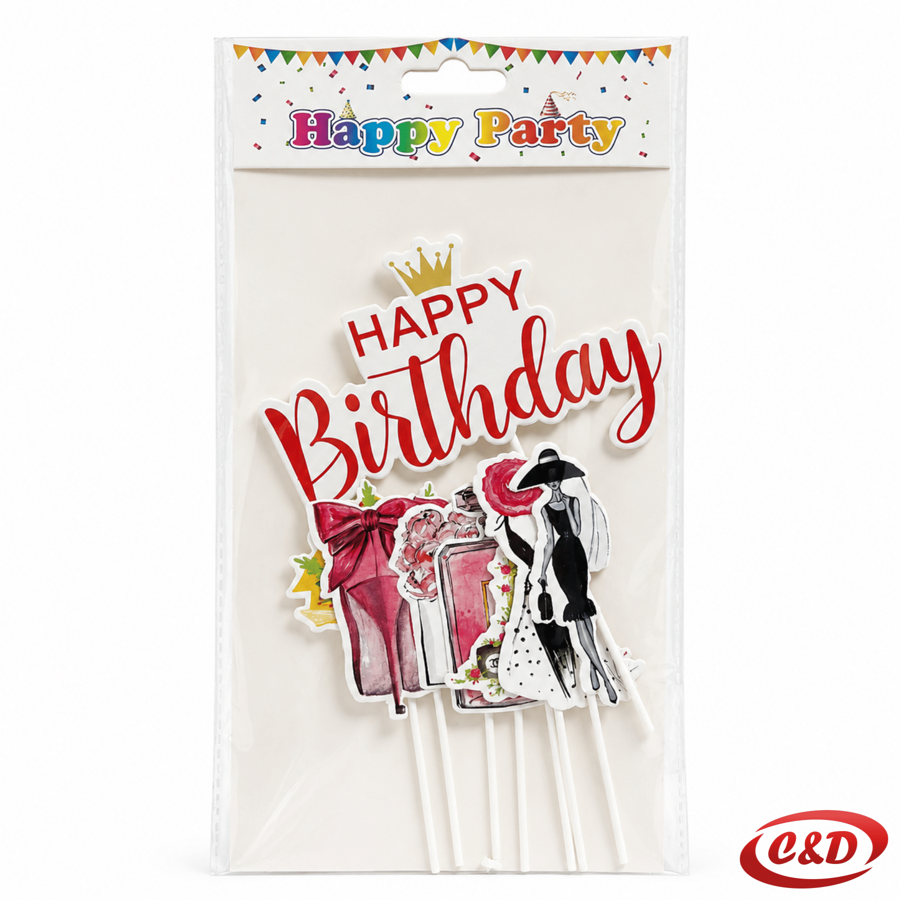 Papirni toperi za tortu Happy Birthday s motivima žena, novca i štikli, crvene i roze boje, visine 18 cm i 12 cm