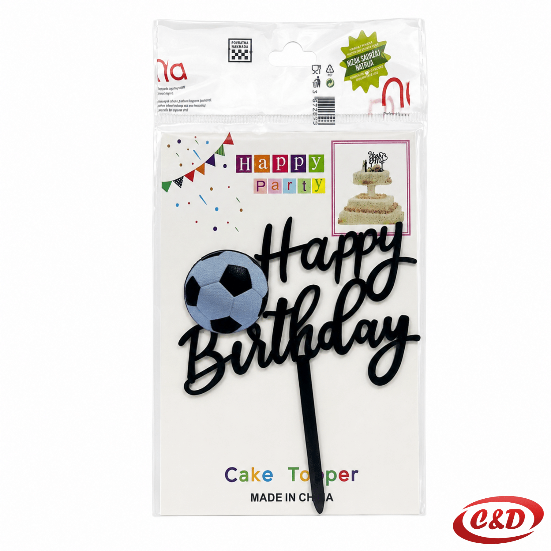 Nogometni PVC toper za tortu s natpisom Happy Birthday i nogometnom loptom, crne boje, visine 14 cm