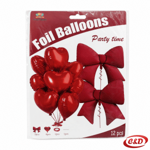 Crveni set folija balona s 2 mašne od 85 cm i 8 srca od 40 cm, trakom i slamkom