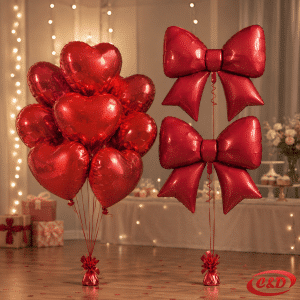 Crveni set folija balona s 2 mašne od 85 cm i 8 srca od 40 cm, trakom i slamkom