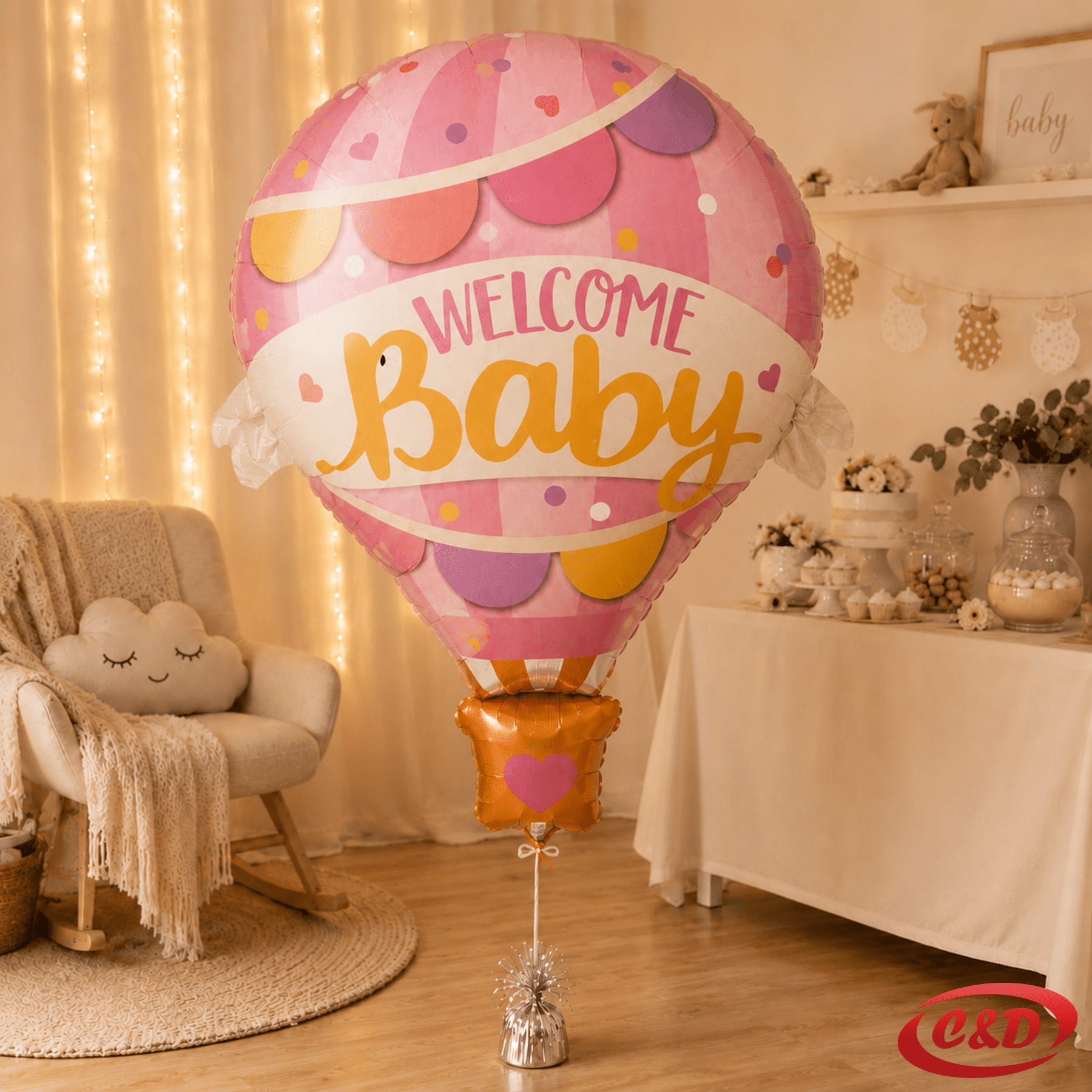 Rozo-žuti balon Welcome Baby veličine 45 cm za napuhavanje zrakom ili helijem