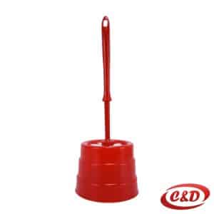 Crveno-bijela plastična samostojeća WC četka s posudom dimenzija 37 × 12 cm