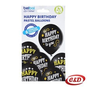 Set od šest crno-bijelih latex balona s natpisom Happy Birthday promjera 30 cm