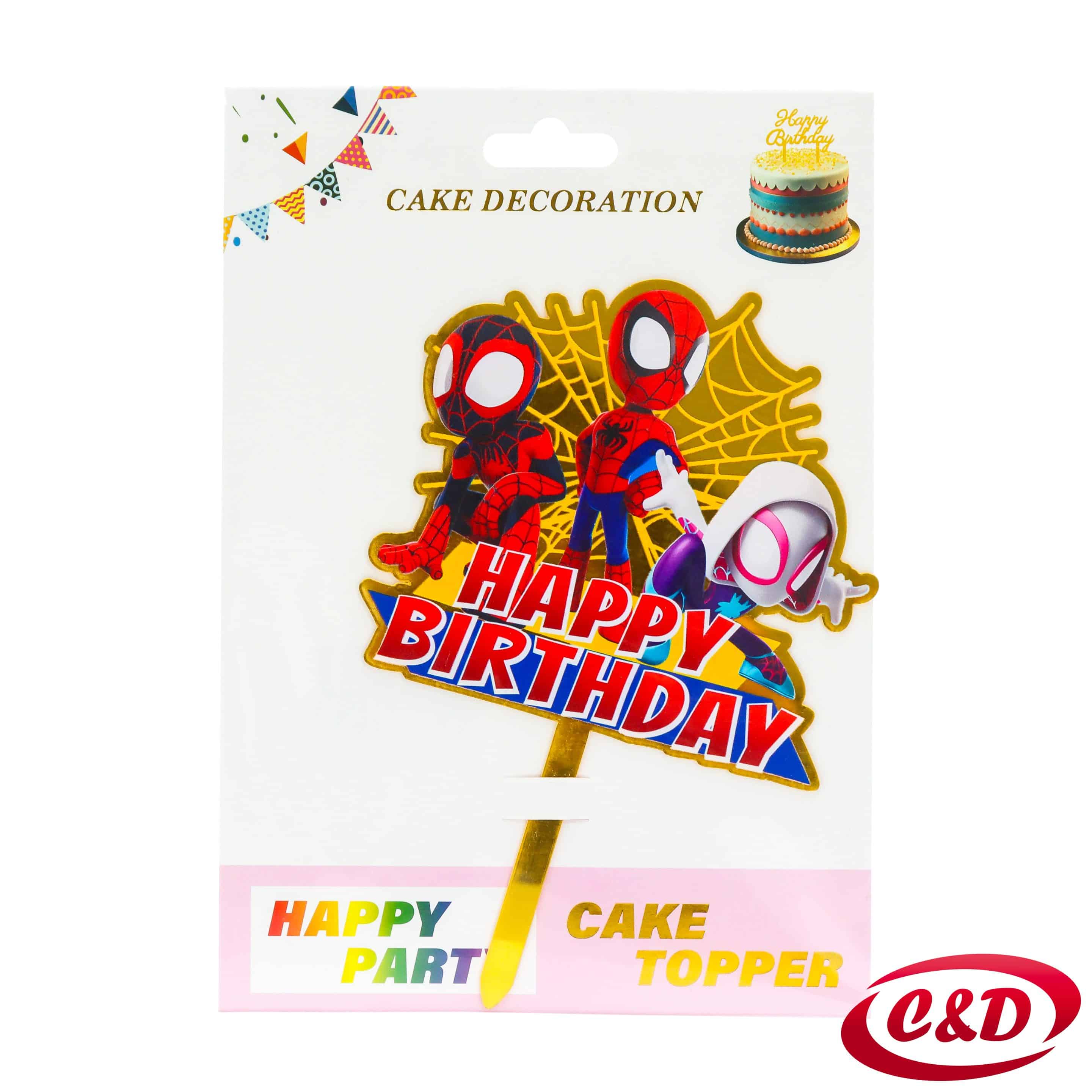 PVC topper za tortu s motivom Spidermana i natpisom Happy Birthday u crvenoj i zlatnoj boji