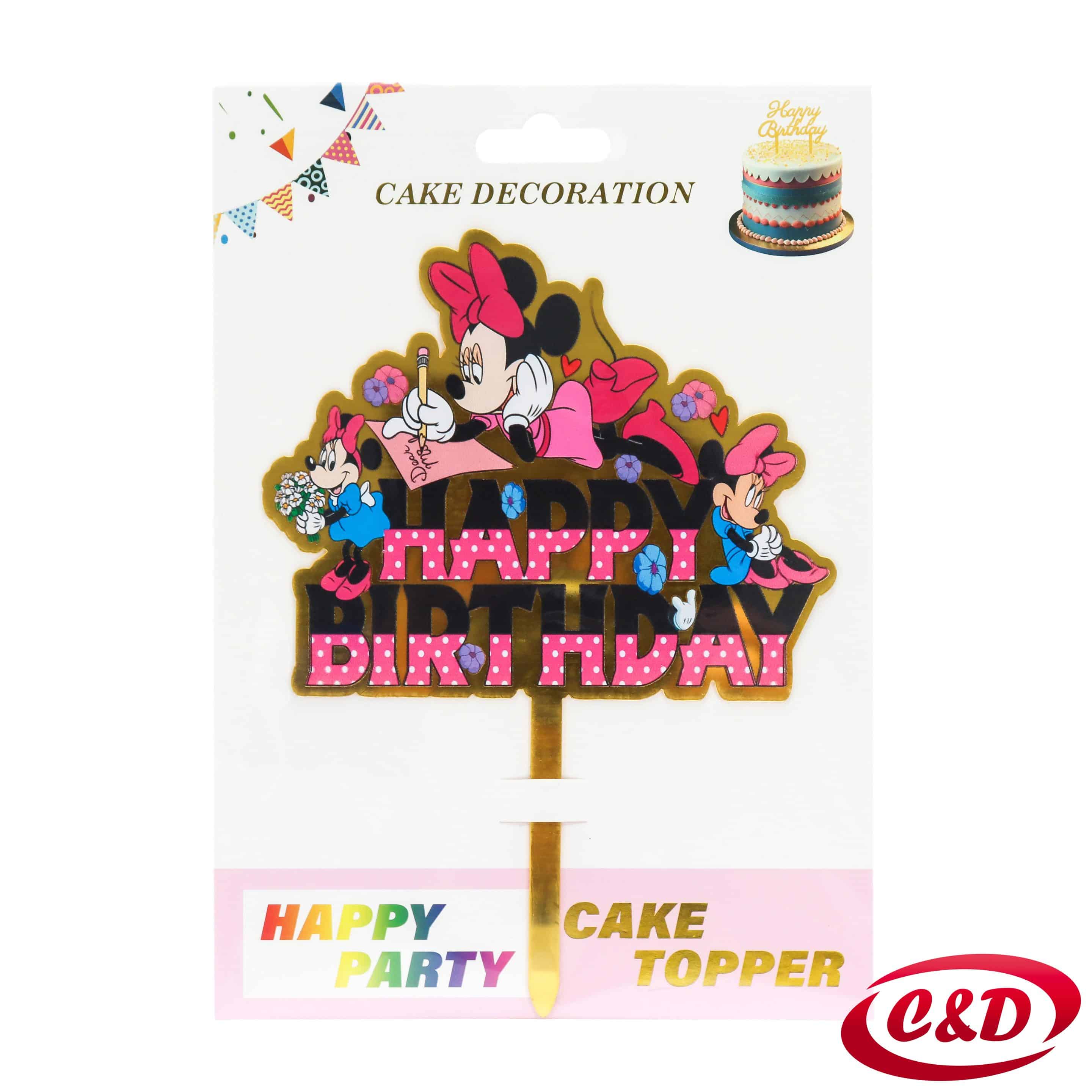 PVC topper za tortu s motivom Minnie Mouse i natpisom Happy Birthday u roza i zlatnoj boji
