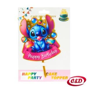 PVC topper za tortu s motivom Stitcha i natpisom Happy Birthday u zlatnoj, rozoj i plavoj boji