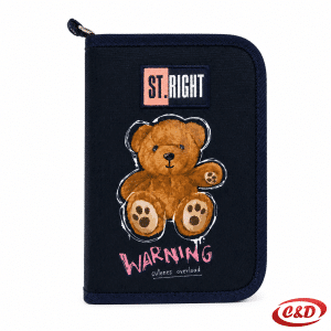 Tamnoplava rasklopiva prazna pernica s motivom mede, jednim zipom, rasporedom sati i tablicom množenja