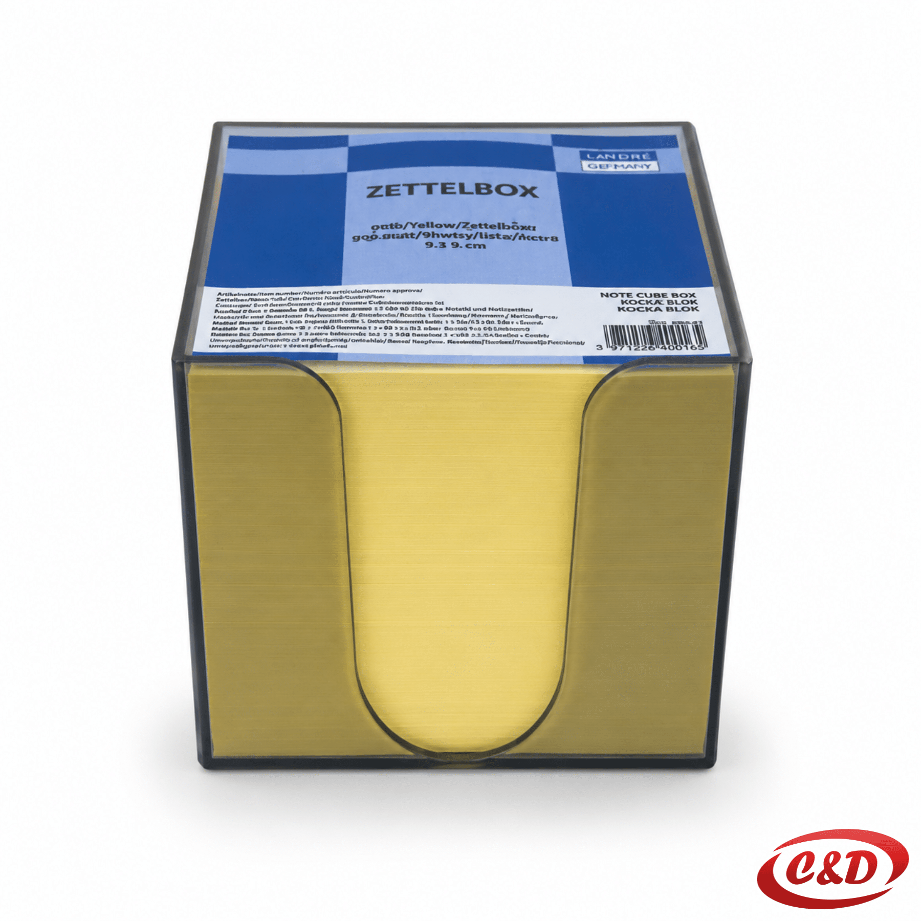 Blok kocka s 900 žutih papirića dimenzija 9 × 9 cm u plastičnoj posudi