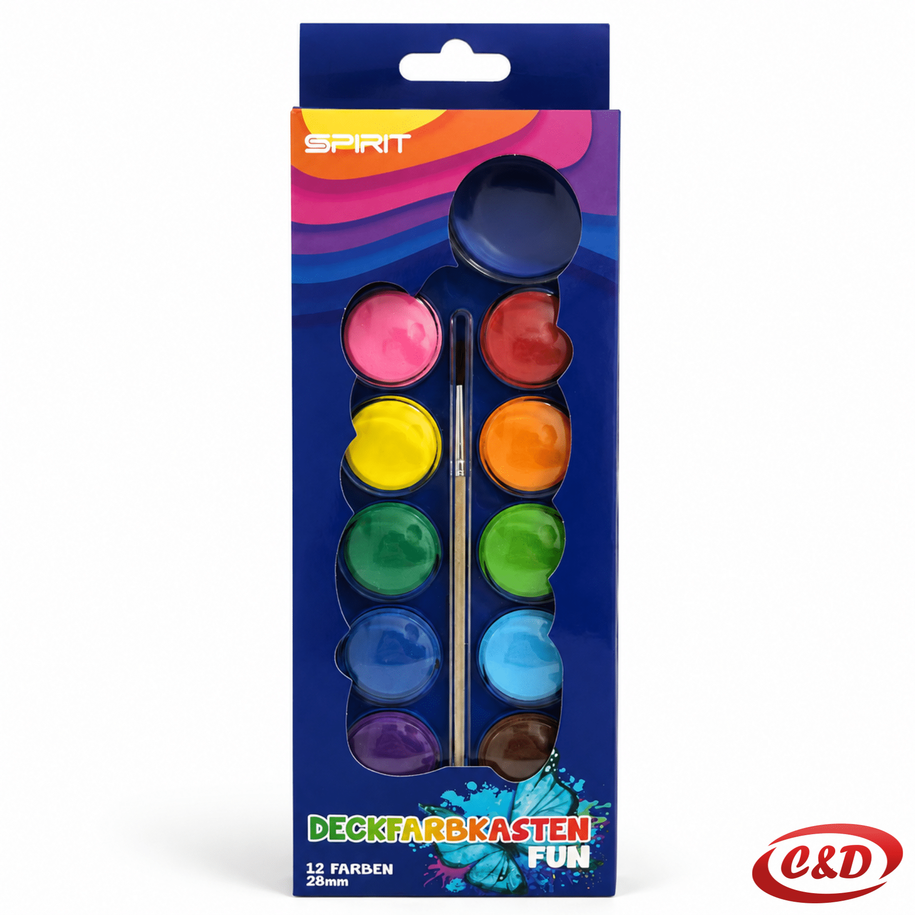 Vodene bojice s 12 boja i kistom u plastičnom pakiranju dimenzija 24 × 9 cm
