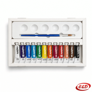 Set tempera s 12 boja, kistom i paletom za miješanje u kartonskom pakiranju dimenzija 27 × 16 cm